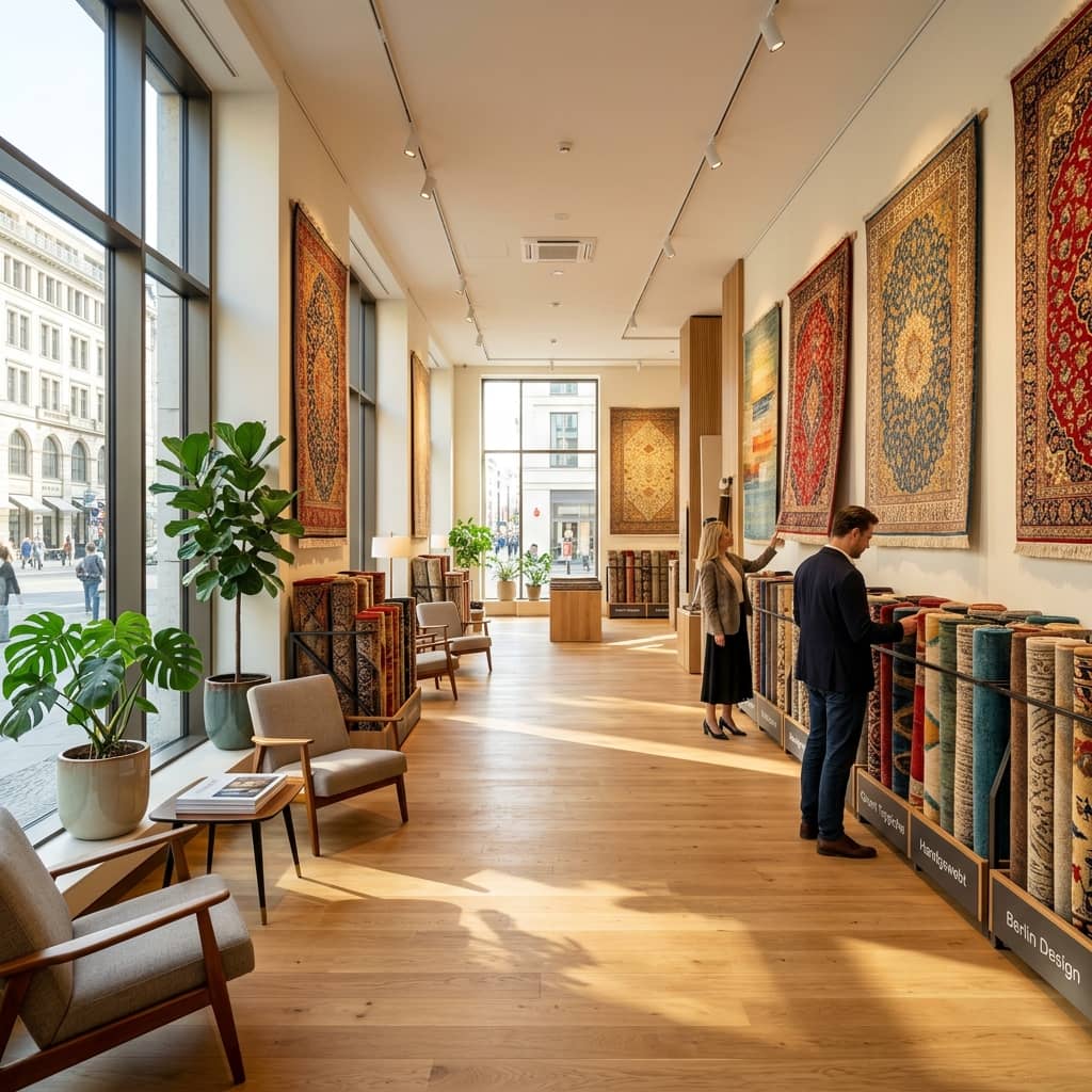 Auswahl von Esszimmer-Teppichen im Showroom